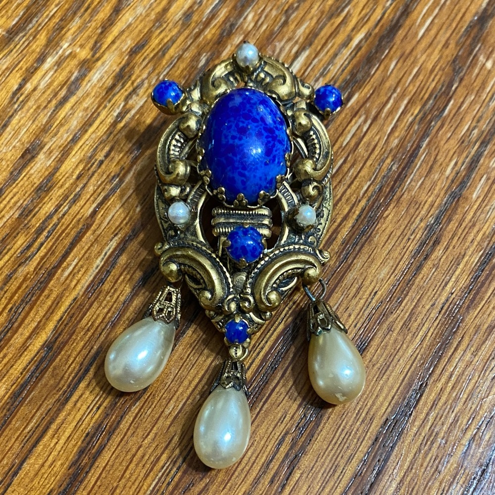 West Germany Ornate Blue and Gold Brooch with Pearl Drops